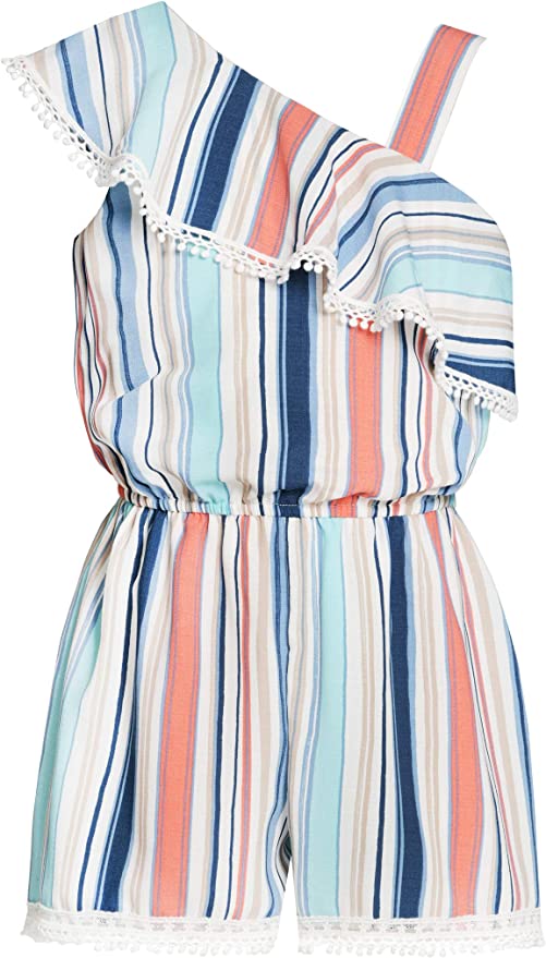 Big Girls Asymmetric Stripe One Shoulder Romper   Ruffle Asymmetric One Shoulder & Strap  Lace Crochet Trim  Elastic Waistline  Vibrant Color Block Stripes:  Navy,Baby Blue, Peachy Coral, Off White, and Tan   A Darling Romper For A Summer Vacation or Beach Outing.   Truly Me designer and fashion forward little and big girls' rompers created with your little girl in mind.  All rompers designed to be on trend so she can be her best and most confident in the latest styles. 