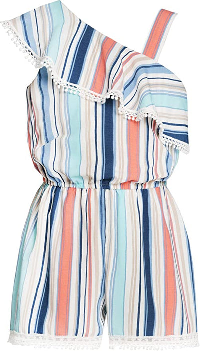 Big Girls Asymmetric Stripe One Shoulder Romper   Ruffle Asymmetric One Shoulder & Strap  Lace Crochet Trim  Elastic Waistline  Vibrant Color Block Stripes:  Navy,Baby Blue, Peachy Coral, Off White, and Tan   A Darling Romper For A Summer Vacation or Beach Outing.   Truly Me designer and fashion forward little and big girls' rompers created with your little girl in mind.  All rompers designed to be on trend so she can be her best and most confident in the latest styles. 