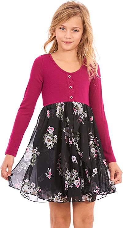 Truly me Big Girls Long Sleeve Floral Print Dress  Round Scoop Neckline  Long Sleeves  Knit Textured Trim & 3 Button On Chest  Empire Waistline   Floral Print  Ruffled Detail   Lined Skirt  100% Polyester