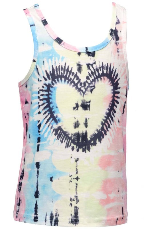 Little Girl’s Tie-Dye Heart Detail Tank Top. Pastel Pink,Blue, and Yellow Tie Dye Black Tie Dye Large Heart  Deep Scoop Neckline & Sleeveless    Imported 