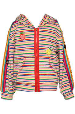 Little l Big Girl’s Striped Fruit Terry Cloth Hoodie  Hooded & Color Block Zipper Neckline  Rainbow Stripe Running Down Sleeves  Retro Vintage Stripes All Over  Cherry, Pineapple, and Cherry Patches
