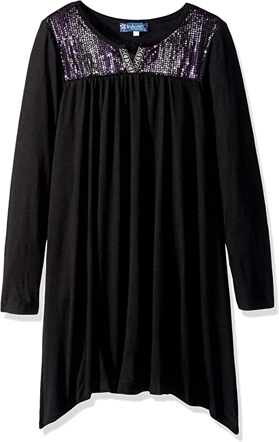 Little Girls I Tween Sequin Tunic Dress  Round Neckline   Mini V Neckline W/ Boho Ribbon  Sequin Bib Upper Chest  Long Sleeves  Loose Tunic Fit For Comfort  Asymmetric Cut  Truly Me, is for the girl who is crafty and well put-together. Her wardrobe offers affordable casual to semi-dressy options that are easily dressed UP or DOWN. Designs are smart and charming.