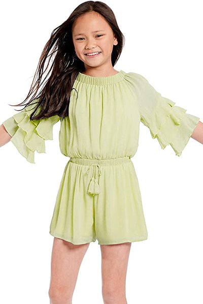 Big Girls Ruffle Sleeve Sage Green Romper  Ruffled Elastic Boat Neck (Can be work on of off the shoulder!)  3/4 Tiered Ruffle Sleeves  Drawstring Tassel Tie Waistline   The perfect romper for all seasons.   SELF: 100% Rayon, LINING: 100% Polyester  A versatile romper that can be worn on and off the shoulder. Made in high quality rayon gauze fabrication. Lining is a super soft lightweight knit.