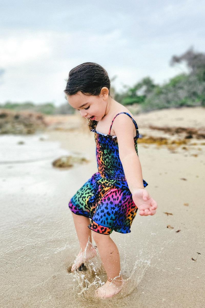 Girls Rainbow Animal Print Smocked Top Romper