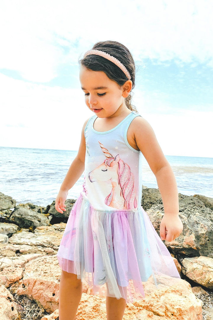 Little Girl’s Drop Waist Unicorn Print Tutu Dress