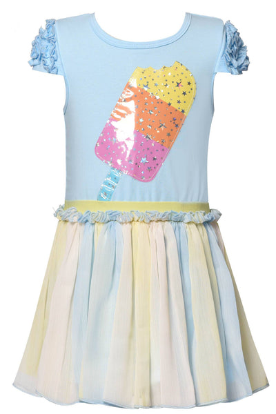 My Hannah Banana "You Scream, I Scream, We All Scream for Ice Cream" Ruffled Cap Sleeves  Round Neckline  Tri-Color Iced Cream W/ Hologram Stars  Gathered Lettuce Ruffle on Waistline Multi Color Pastel Mesh Tutu Skirt Portion Imported.  Little Girl’s Ice Cream Twofer Chiffon Skirt Dress   