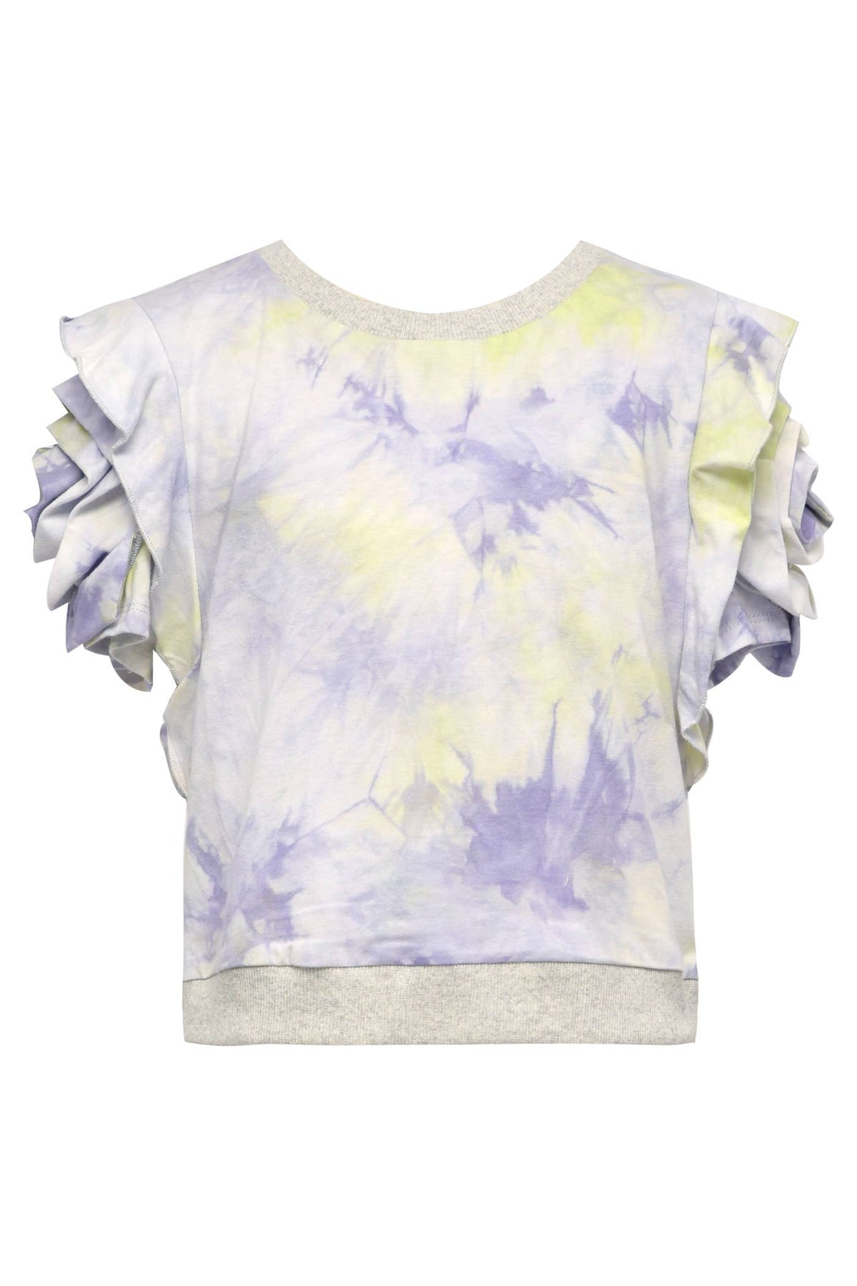 My hannah banana Girl’s Tie Dye Print 3D Flower Short Sleeve Top.    Round Neckline   Multi Tiered Ruffled Cap Sleeve  Ultra Soft Knit Fabrication  Tie Dye   Ribbed Knit Contrast  Imported
