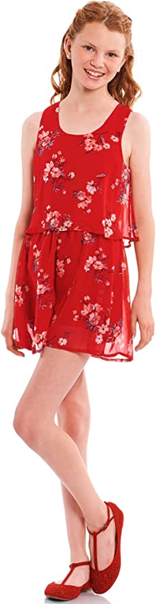 Big Girls Cherry Blossom Floral Print Romper  Scoop Neckline  Sleeveless  Vintage Floral Print   V Back Detail & Neck Tie  Truly Me designer and fashion forward little and big girls' rompers created with your little girl in mind.  All rompers designed to be on trend so she can be her best and most confident in the latest styles.