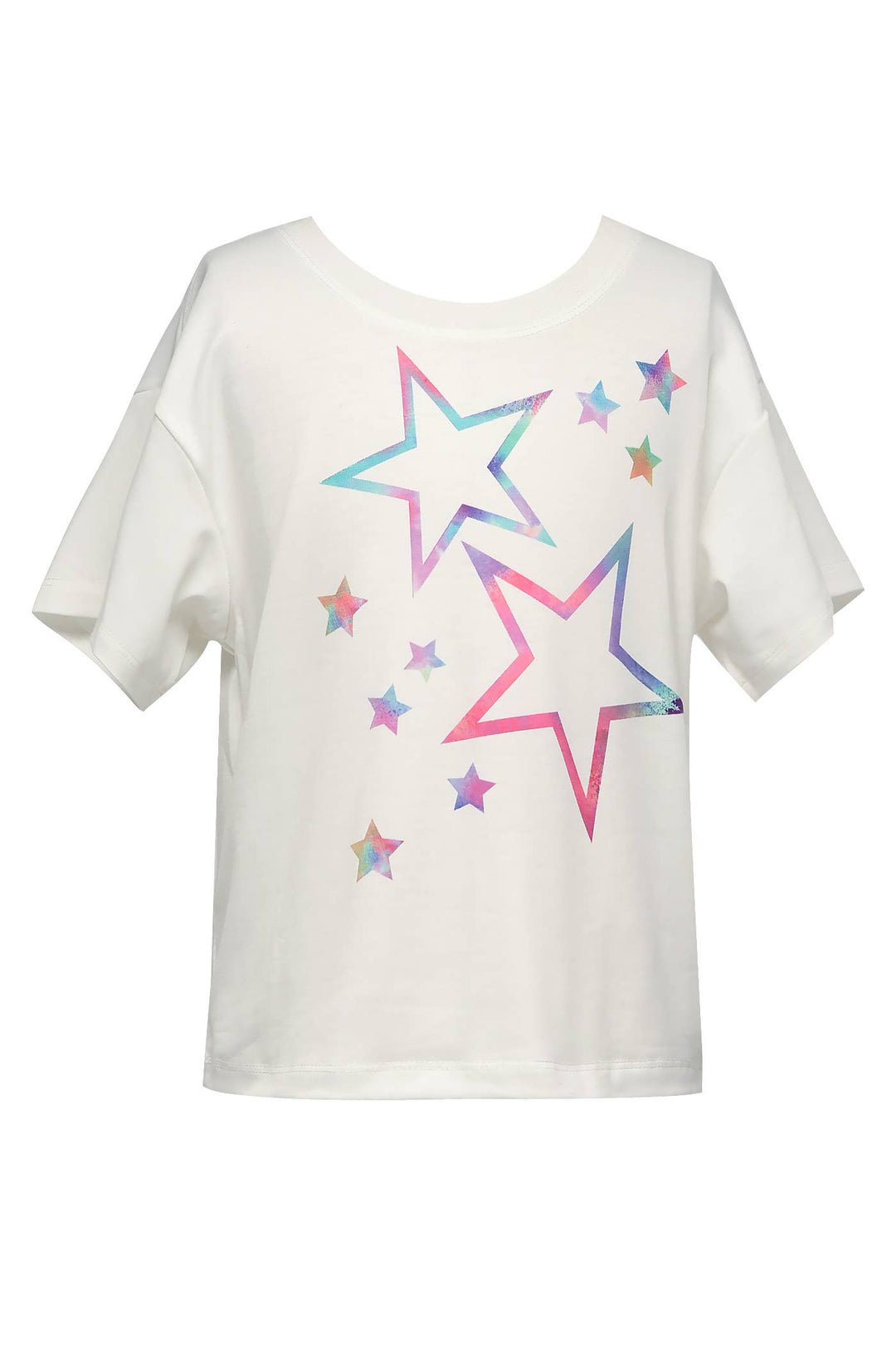 Round Neckline & Short Sleeves  Pastel Rainbow Star Print   Ultra Soft Knit Fabrication  Semi Loose Relaxed Fit Girly Sporty Chic Look  Imported My hannah banana Girl’s Pastel Tie Dye Star Graphic T-Shirt.