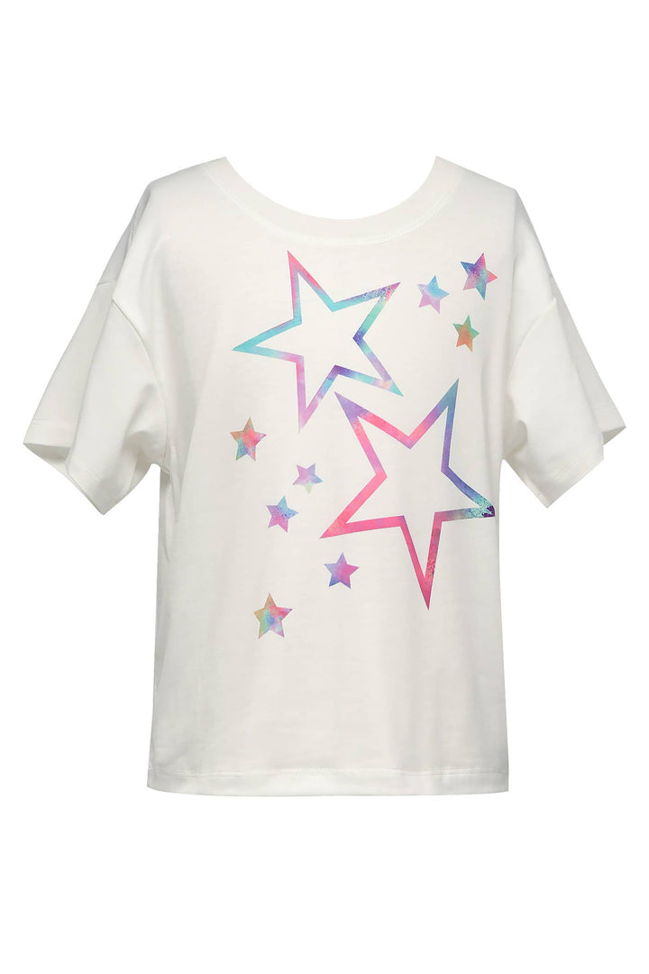 Round Neckline & Short Sleeves  Pastel Rainbow Star Print   Ultra Soft Knit Fabrication  Semi Loose Relaxed Fit Girly Sporty Chic Look  Imported My hannah banana Girl’s Pastel Tie Dye Star Graphic T-Shirt.