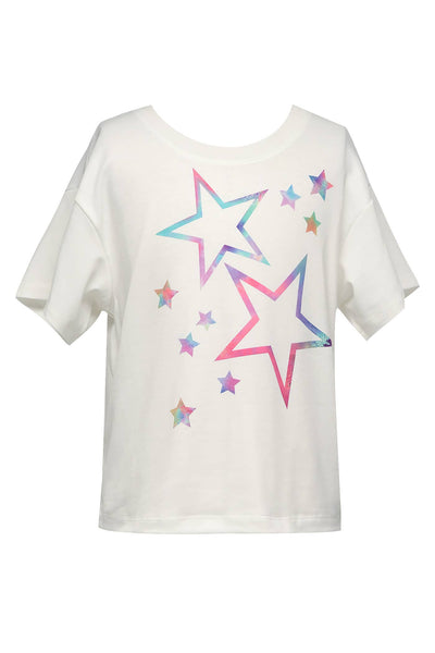 Round Neckline & Short Sleeves  Pastel Rainbow Star Print   Ultra Soft Knit Fabrication  Semi Loose Relaxed Fit Girly Sporty Chic Look  Imported My hannah banana Girl’s Pastel Tie Dye Star Graphic T-Shirt.
