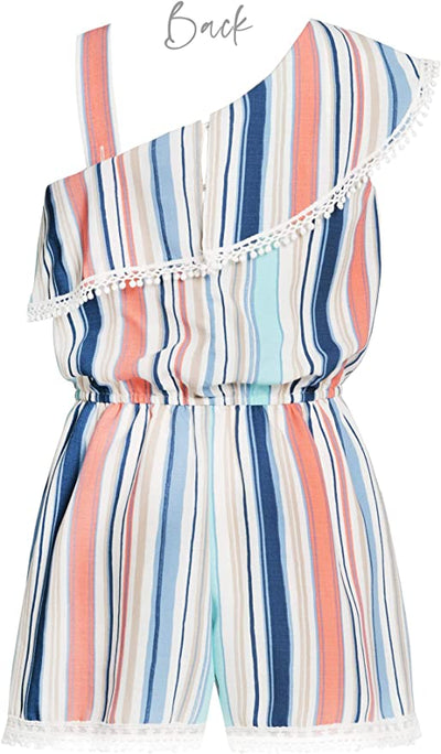 Big Girls Asymmetric Stripe One Shoulder Romper   Ruffle Asymmetric One Shoulder & Strap  Lace Crochet Trim  Elastic Waistline  Vibrant Color Block Stripes:  Navy,Baby Blue, Peachy Coral, Off White, and Tan   A Darling Romper For A Summer Vacation or Beach Outing.   Truly Me designer and fashion forward little and big girls' rompers created with your little girl in mind.  All rompers designed to be on trend so she can be her best and most confident in the latest styles. 