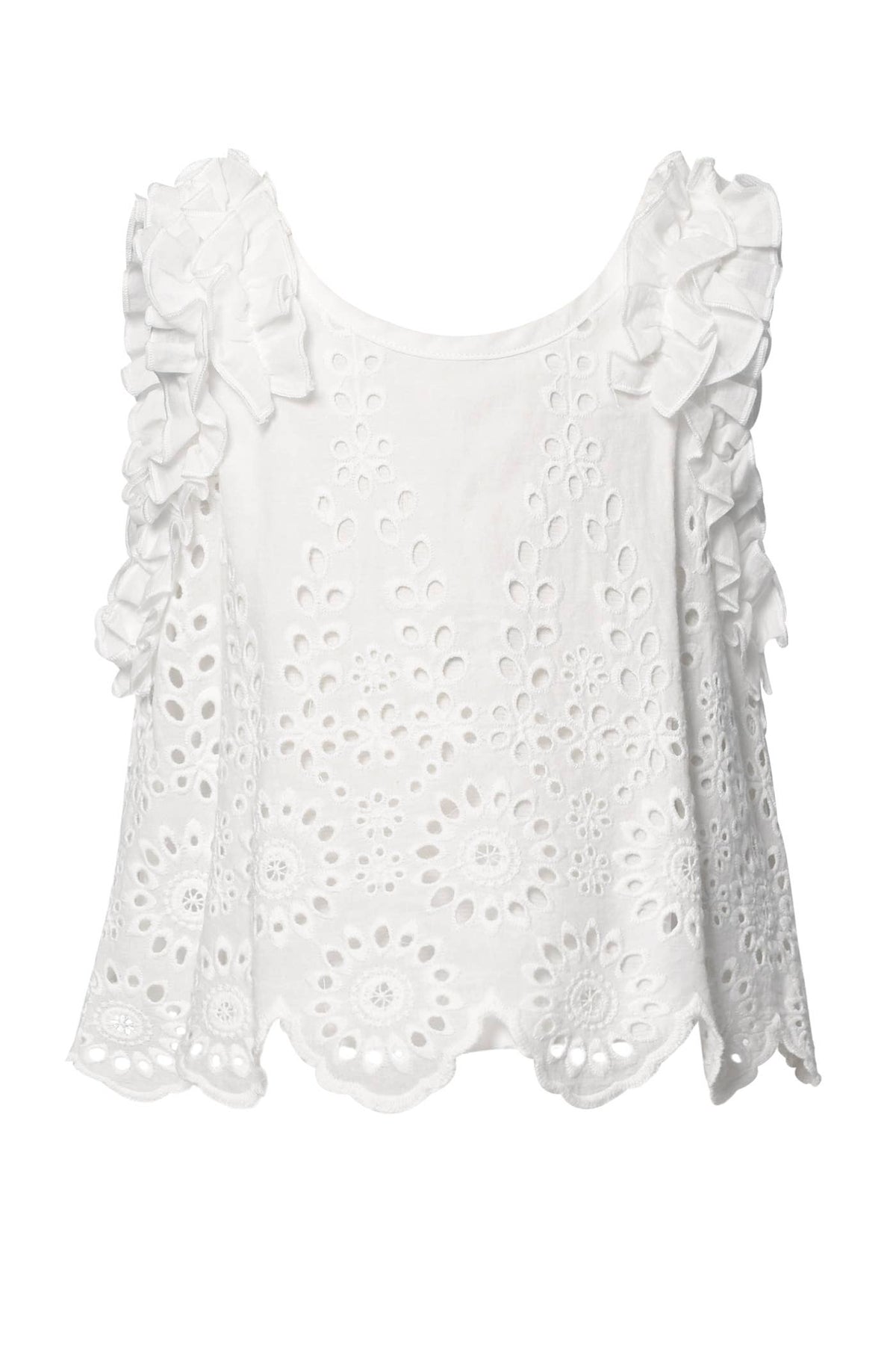My Hannah Banana Little Girl’s Boho Chic Eyelet Ruffle Top.   Round Neckline  Sleeveless   Boho Chic Eyelet Material  Scallop Bottom  Lined  Belt Loops On Bottom Semi Crop   Imported