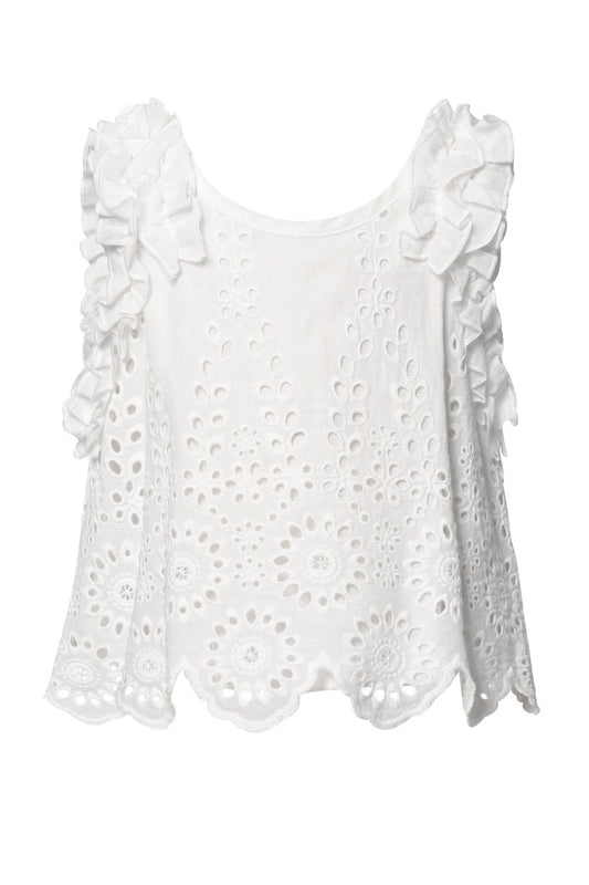My Hannah Banana Little Girl’s Boho Chic Eyelet Ruffle Top.   Round Neckline  Sleeveless   Boho Chic Eyelet Material  Scallop Bottom  Lined  Belt Loops On Bottom Semi Crop   Imported