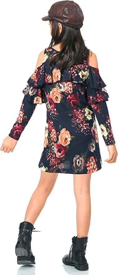 Big Girls Long Sleeve Cold Shoulder Floral Ruffle Dress Round neckline, easy pullover design Casual long sleeves with cold shoulder ruffle details Gorgeous vintage big rosette floral printed fabrication Right above the knee length Imported SELF: 100% Polyester, LINING: 97% Polyester, 3% Spandex Crinkled chiffon fabric with floral print and mettalic diamond shaped embellishing. Includes removable plaid collar with intricate stone work.