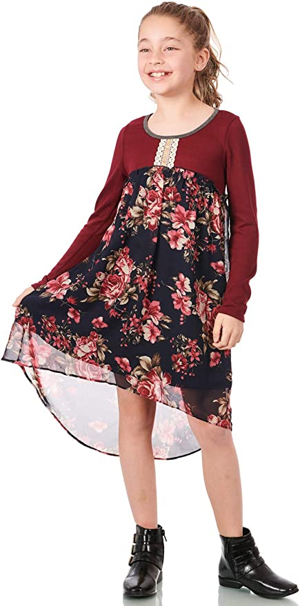 Truly me Big Girls Boho Chic Floral High Low Dress  The Perfect Dress for Holiday Pictures, Christmas Party, or even Valentine’s Day.  Scoop Round Neckline With Contrast Trim  Center Chest Lace Crochet Trim  Lettuce Ruffle Empire Waist  Pink, Blue and Mustard Yellow Floral Print   Navy Upper & Dusty Green Lower Dress  High Low Detail  Lined Skirt Portion  100% Polyester  Hand Wash Only