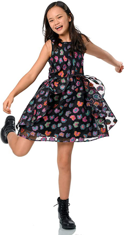 Little I Big Girls Color Block Floral Dress  Scoop Neckline  Sleeveless  Bold Color Block Floral Print  Tiered Ruffle For Volume  Lined Skirt  Exposed Back Zipper  Above Knee Length  Let her sparkle through the crowd in these dresses! School has started, so let these be her go-to-dresses at her school dance or best friend's birthday party!