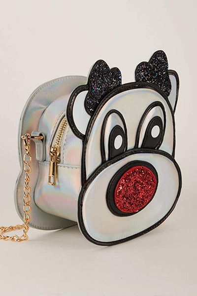Hannah Banana designer girls' bags created with your little girl in mind Christmas Reign Dear Holographic Glitter Crossover Bag All backpacks, cross body bags, hand bags, and purses are designed to be on trend so she can be her best and most confident at any event. All bags are made with full attention to detail by using custom designed graphics, bold colors, and intricately placed embellishments. Emphasis on design and quality so she feels confidant while looking amazing.