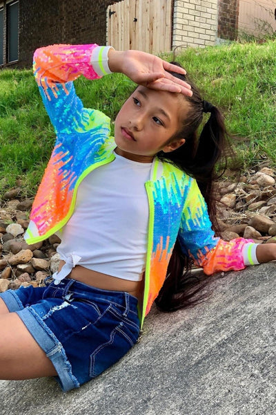 Girls Neon Color Sequin Fashion Bomber Jacket