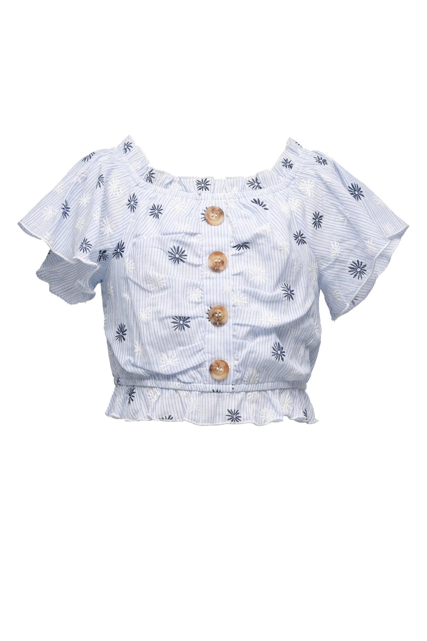 Girl’s Boho Daisy Faux Button Striped Crop Top.  Square Neckline W/ Ruffle Details  Short Flutter Sleeve  Faux Wooden Buttons Running Down  Elastic Waistband & Ruffle Detail  Striped W/ Blue & White Daisy Floral Print  Spring & Summer Boho Chic Crop Top  Imported