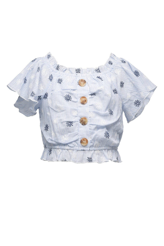 Girl’s Boho Daisy Faux Button Striped Crop Top.  Square Neckline W/ Ruffle Details  Short Flutter Sleeve  Faux Wooden Buttons Running Down  Elastic Waistband & Ruffle Detail  Striped W/ Blue & White Daisy Floral Print  Spring & Summer Boho Chic Crop Top  Imported