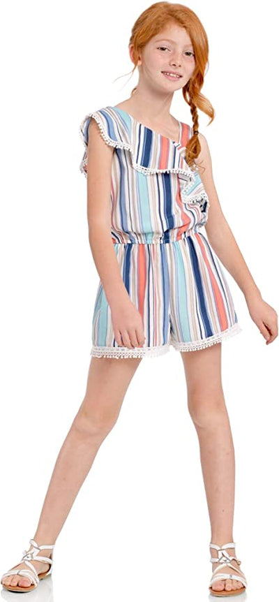Big Girls Asymmetric Stripe One Shoulder Romper   Ruffle Asymmetric One Shoulder & Strap  Lace Crochet Trim  Elastic Waistline  Vibrant Color Block Stripes:  Navy,Baby Blue, Peachy Coral, Off White, and Tan   A Darling Romper For A Summer Vacation or Beach Outing.   Truly Me designer and fashion forward little and big girls' rompers created with your little girl in mind.  All rompers designed to be on trend so she can be her best and most confident in the latest styles. 
