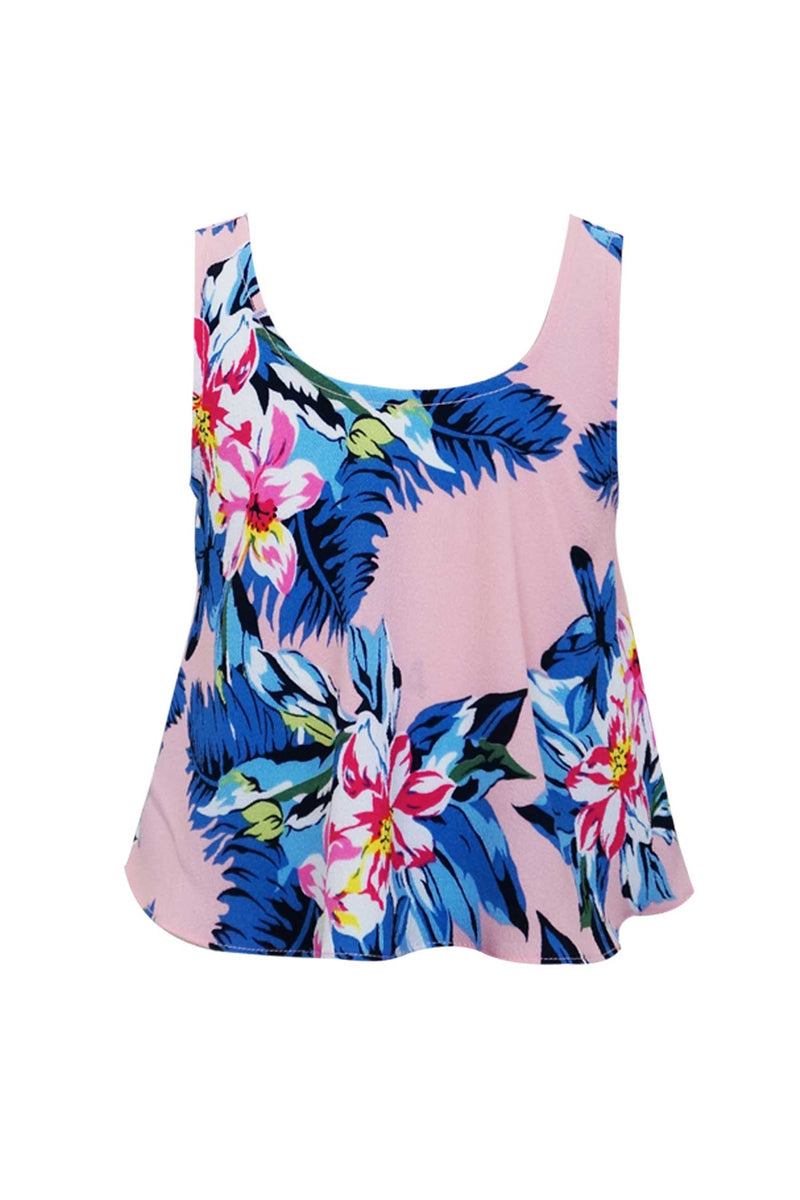 Girls Tropical Floral Print Cross Back Swing Tank Top