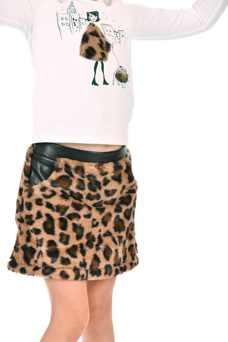 Girls Leopard Faux Fur Mini Skirt