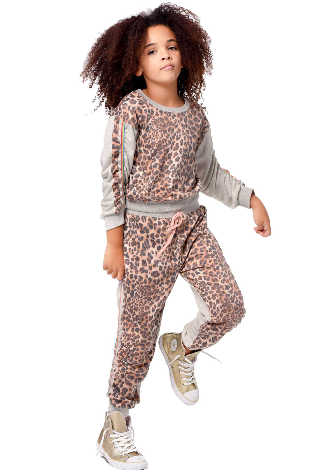 Hannah Banana Little Girl's Leopard Rainbow Side Stripe Runched Joggers