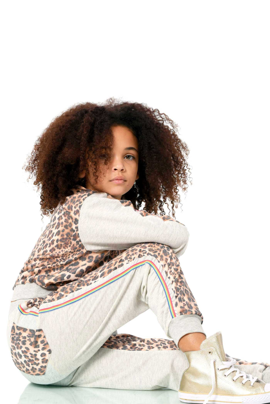 Hannah Banana Little Girl's Leopard Rainbow Side Stripe Runched Joggers