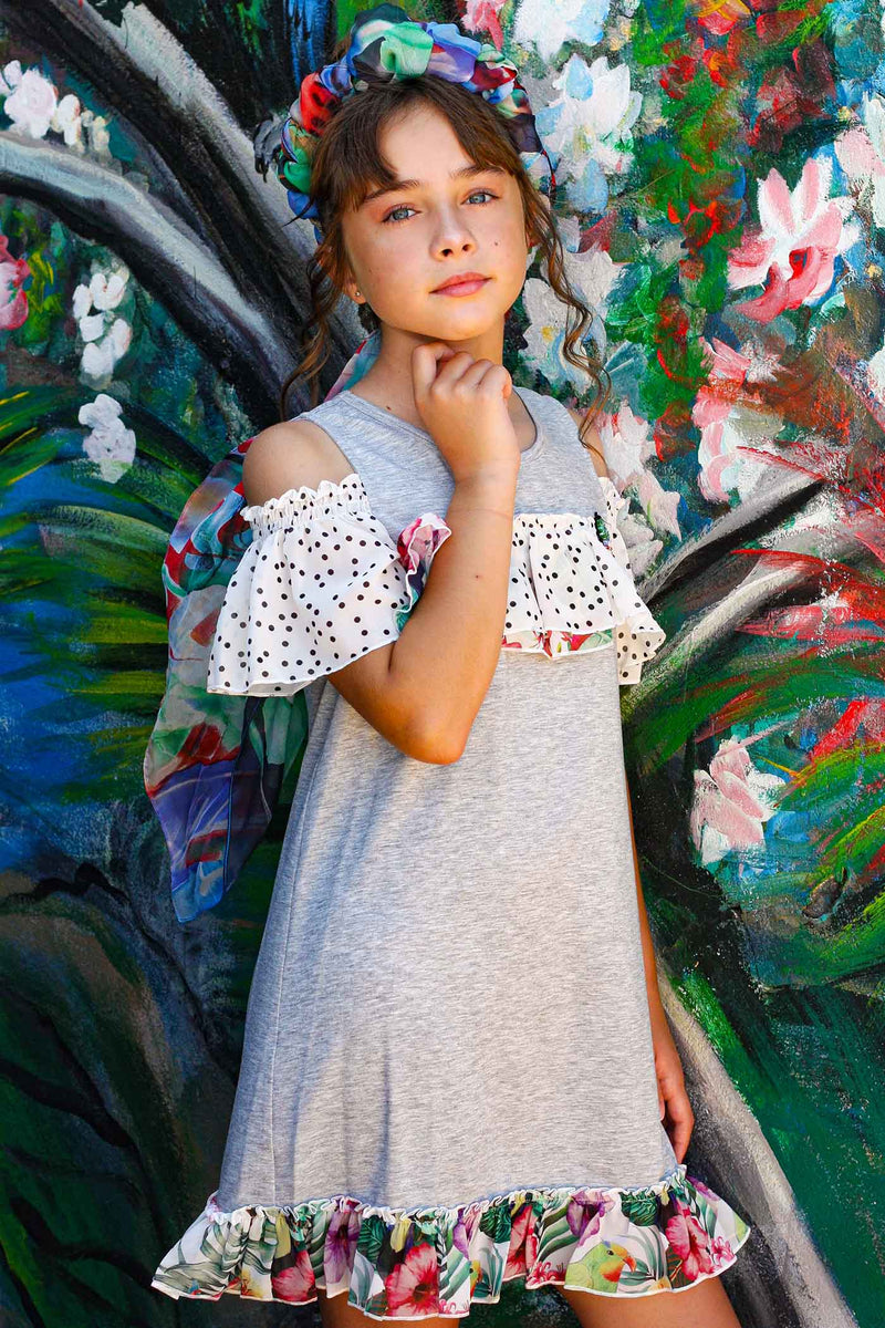 Girls Tropical Print Cold Shoulder Jersey Dress