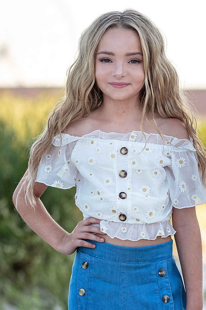 Hannah Banana Girls Daisy Button Front Crop Top