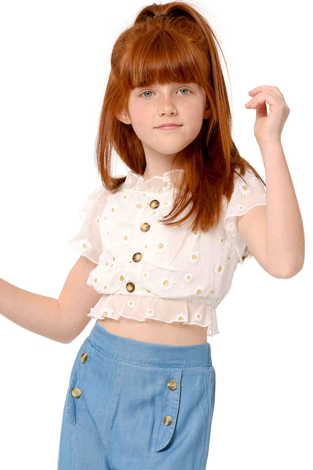 Hannah Banana Girls Daisy Button Front Crop Top