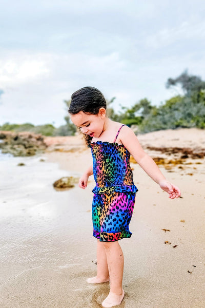 Girls Rainbow Animal Print Smocked Top Romper