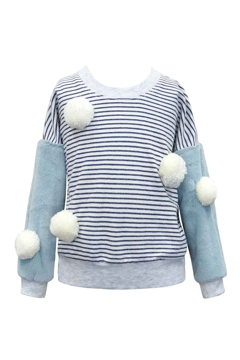 Girls Faux Fur Sleeve Striped Sweatshirt with Pom Poms