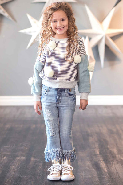Girls Faux Fur Sleeve Striped Sweatshirt with Pom Poms