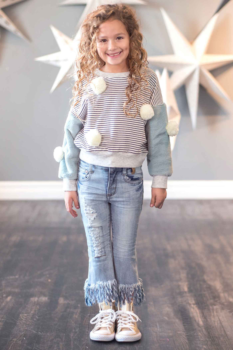 Girls Faux Fur Sleeve Striped Sweatshirt with Pom Poms