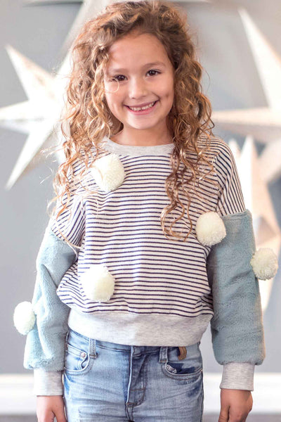 Girls Faux Fur Sleeve Striped Sweatshirt with Pom Poms