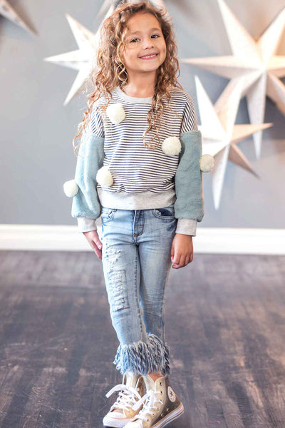 Girls Faux Fur Sleeve Striped Sweatshirt with Pom Poms