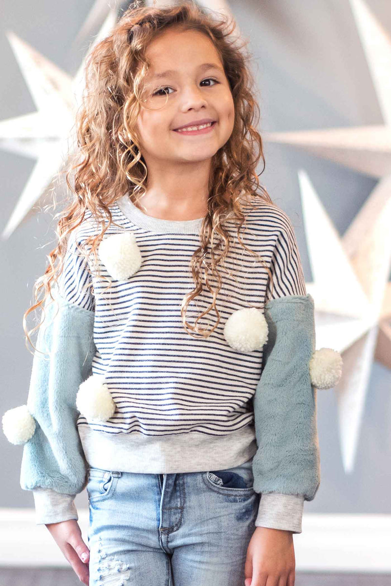 Girls Faux Fur Sleeve Striped Sweatshirt with Pom Poms