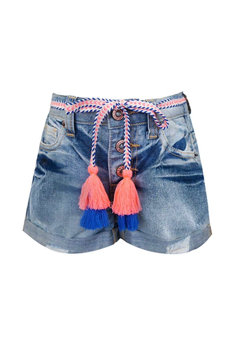 Hannah Banana Girls Tassel Belt Washed Denim Shorts