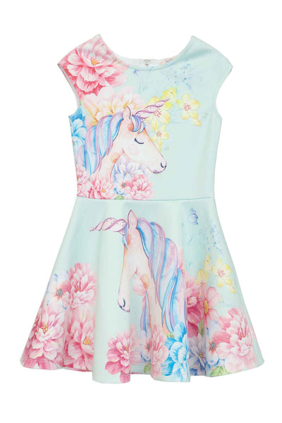 Hannah Banana Little Girls Floral Print Unicorn and Flower Skater Dress Pastel Watercolor Fun Fashion Brands children