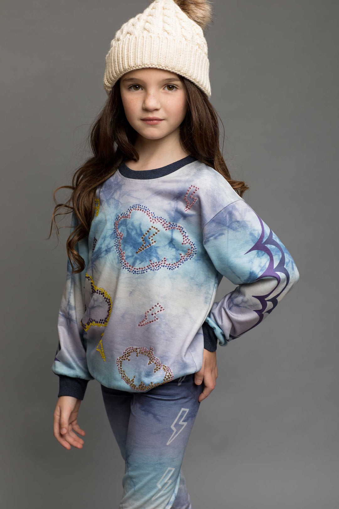 Hannah Banana Little Girl's Long Sleeve Tie Dye Cloud and Thunder Rhinestone Bling Crew Neck Sweatshirt Tween clothing