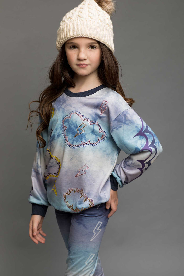 Hannah Banana Little Girl's Long Sleeve Tie Dye Cloud and Thunder Rhinestone Bling Crew Neck Sweatshirt Tween clothing