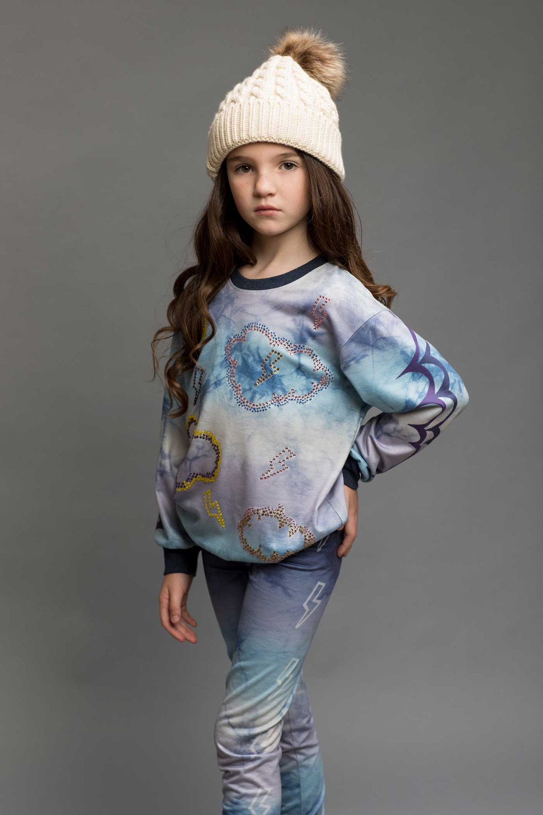 Hannah Banana Little Girl's Long Sleeve Tie Dye Cloud and Thunder Rhinestone Bling Crew Neck Sweatshirt Tween clothing