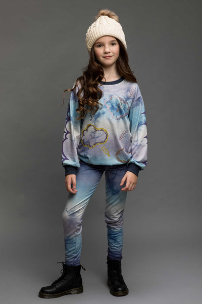 Hannah Banana Little Girl's Long Sleeve Tie Dye Cloud and Thunder Rhinestone Bling Crew Neck Sweatshirt Tween clothing