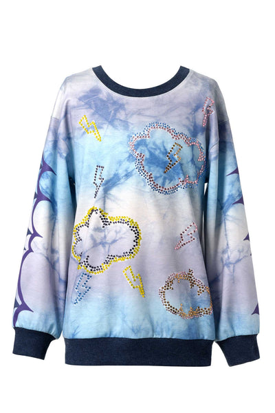 Hannah Banana Little Girl's Long Sleeve Tie Dye Cloud and Thunder Rhinestone Bling Crew Neck Sweatshirt Tween clothing