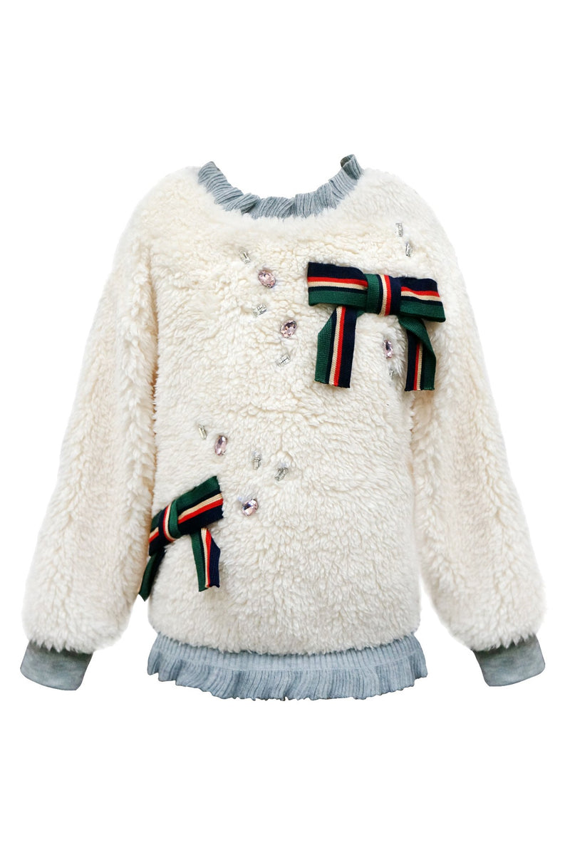 SHERPA SWEATSHIRT WITH BOWS AND RHINESTONES