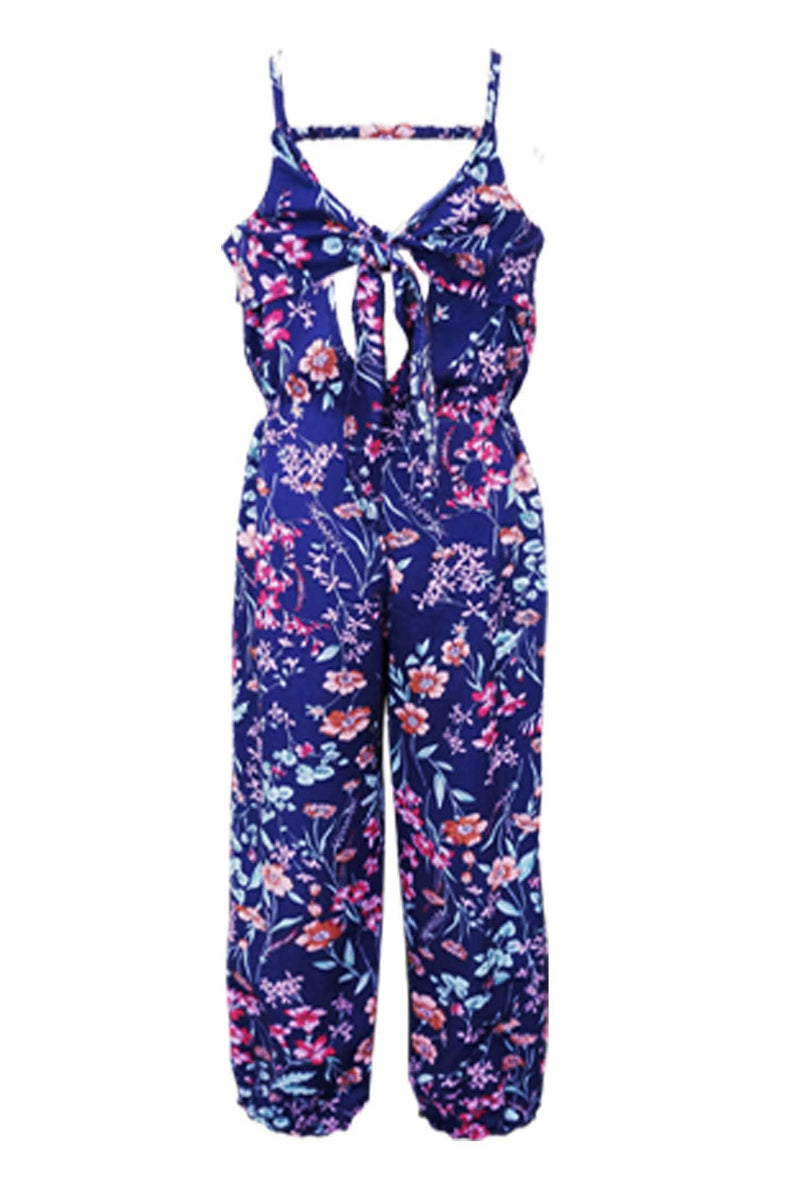 Hannah Banana Girls Floral Print Tie-Back Sleeveless Ruffled Jumpsuit