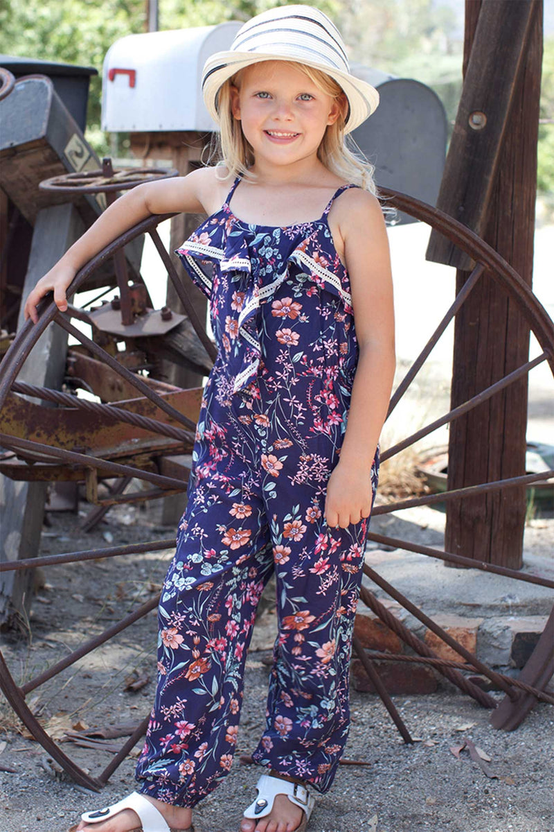 Hannah Banana Girls Floral Print Tie-Back Sleeveless Ruffled Jumpsuit